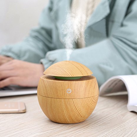 EgoEra® 130ml USB Essential Oil Aroma Diffuser Ultrasonic Humidifier Cool Mist, Wood Grain Aromatherapy Diffuser Machine, 6 Colors Changing LED Lights, Waterless Auto off Air Purifier