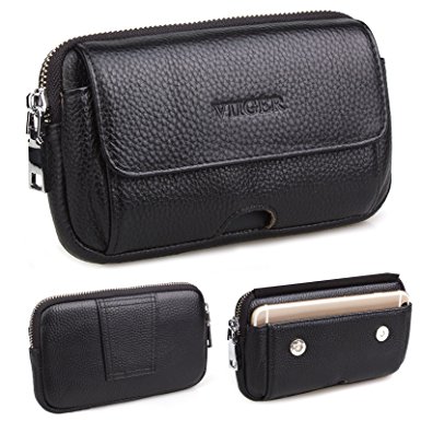 VIIGER iPhone 7 Plus Case Dual Pocket Flip Cell Phone Holster Premium Genuine Leather Men Travel Waist Bag Pack Horizontal Smartphone Pouch Belt Pouch with Belt Loop Magnetic Closure for Samsung S8