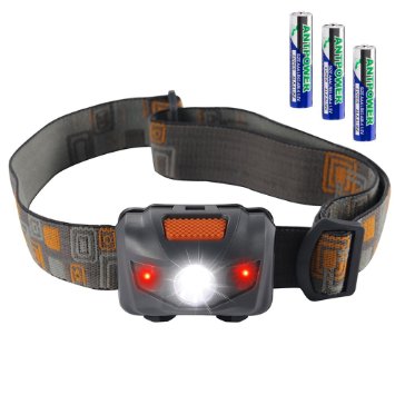 Waterproof LED Headlamp Flashlight- 4 Modes(White lights/ Red Lights and SOS)- Great for Reading Running, Hiking, Camping, Kids and More, Long Battery Life (3*AAA Batteries Included)