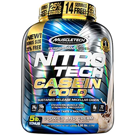 MuscleTech NitroTech Casein Gold Protein Powder, Sustained-Release Micellar Casein, Cookies & Cream, 5lbs