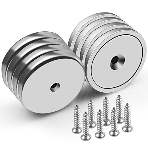 FINDMAG Super Power Neodymium Magnets Cup Magnets with Hole Industrial Strength Round Base Rare Earth Magnets, 90 LBS Pull Force, 1.26"D x 0.3"H, 8 Screws Included, Pack of 8