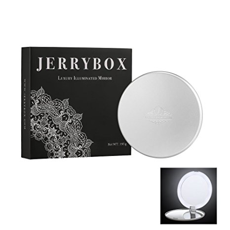 Jerrybox Illuminated Mirror, Adjustable Cordless Collapsible LED Illuminated Two-Sided Mirror, Luxury Silver 5X Magnification and 1X Standard Reflection, Batteries Included