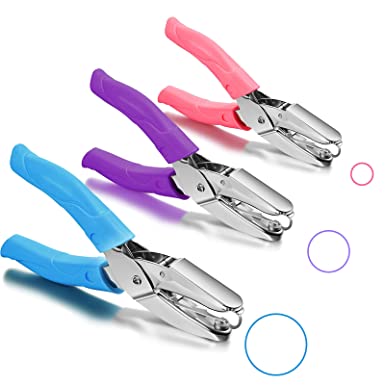 3 Pieces Handheld Hole Punch Tiny Shaped Circle Punchers Metal Single Hole Paper Punch with Plastic Handle for 10 Sheet Tags Clothing Ticket (Pink Purple Blue)