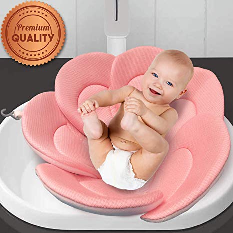 IndulgeMe Baby Bath Cushion - Konjac Sponge Included, Blooming Flower for Infant Bathing Tub, Bathtub or Plastic Sink Bather, Organic Baby Bath Seat Support for Newborn Skin. Pink