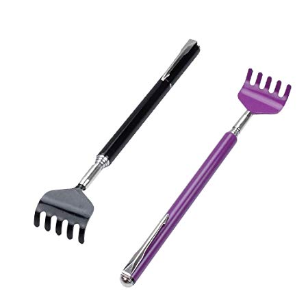 Portable Extendable Back Scratcher, OWUDE Telescoping Scratcher Tetractable Claw Metal Hand Massager Tool with Pocket Clip Pack of 2 (Black   Purple)