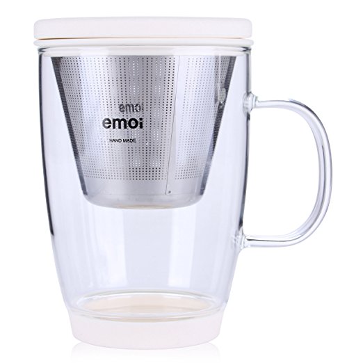 Emoi 16oz Teapot, Pyrex Glass Brewing Tea Cup, Tea Infuser Mug, Loose Leaf Flower Tea Maker w/ Strainer, Food Grade Silicone Lid&Base, Heat Resistant, Noise Free, Safe&Healthy, Easy to Clean.(White)