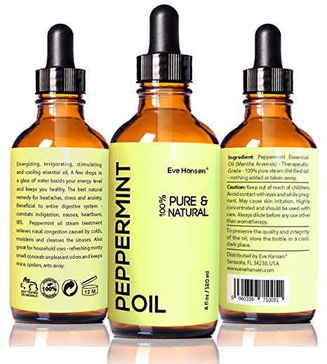 Peppermint Oil - #1 RATED in Amazon - BIG 4 Oz - 100% Pure & Natural - Premium Quality - SEE RESULTS OR YOUR MONEY-BACK - Perfect Aromatherapy Essential Oil - Quick RELIEF from Migraine Headache, Stress & Anxiety - Home REMEDY for Indigestion, Nausea, Diarrhea, Heartburn, IBS and more - The BEST HOUSEHOLD Uses: Natural Repellent To Mice, Spiders, Fleas & Ants - BUY NOW WITH CONFIDENCE!