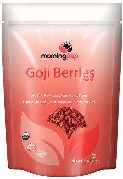 Organic GOJI BERRIES From Morning Pep Large 2 LB Raw Sun dried 100 Natural USDA Certified Organic by NFC NON GMO 32 OZ Nice Resealable Stand Up Pouch Bag packaging may vary