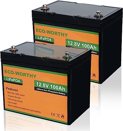 ECO-WORTHY 12V 200AH Lifepo4 Battery (2 Pack 100AH) 3000  Cycle Lithium Iron Phosphate Fast Charging Battery with BMS, Deep Cycle for RV, Camping, Solar Home Off-Grid System, Group 31 Batteries