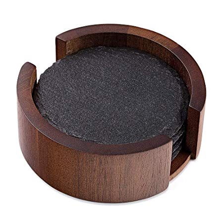 VersaChalk Rustic Black Slate Stone Coaster Set for Drinks with Wood Holder, 4 Round Slate Drink Coasters - Industrial Farmhouse Coffee Table Décor for Man Cave, Living Room, Gifts for Men, Bar