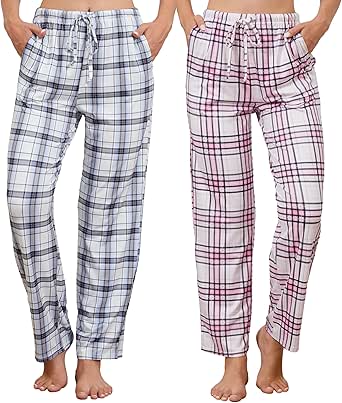 Ekouaer Womens 2 Pack Lounge Pants Comfy Pajama Pants Plaid Pajama Bottoms with Pockets Drawstring Pj Bottoms Pants