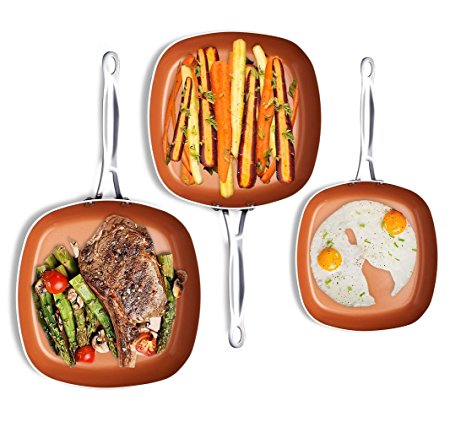 Gotham Steel Nonstick Copper Square Shallow Pan 3 Piece Cookware Set – As Seen on TV by Chef Daniel Green