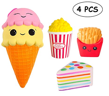 4pcs Jumbo Squishies Set Popcorn French Fries Ice Cream Scented Rainbow Triangle Cake Slow Rising Squeeze Toy Stress Relief Toy Decorations Hand Pillows Toy for Collection Gift
