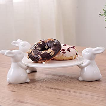 Bunny Rabbit Ceramic plate,Dishes for Dessert Food Server Tray,cute Cake Stand, Tableware Crafts gift for Kitchenware lovers,Wedding,mother's day (3 Rabbit)