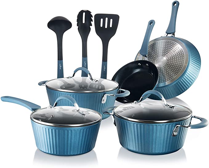 NutriChef NCCW11BL Nonstick Cookware Excilon Home Kitchen Ware Pots & Pan Set with Saucepan, Frying Pans, Cooking Pots, Lids, Utensil PTFE/PFOA/PFOS free, 11 Pcs, Blue
