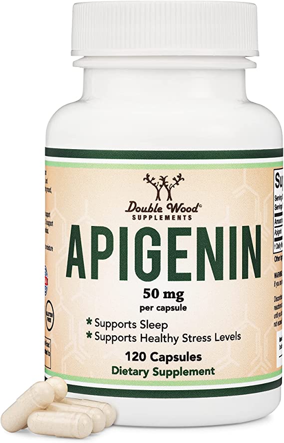 Apigenin Supplement - 50mg per Capsule, 120 Count (Powerful Bioflavonoid Found in Chamomile Tea for Relaxation, Sleep, and Mood) Made and Tested in The USA, by Double Wood Supplements