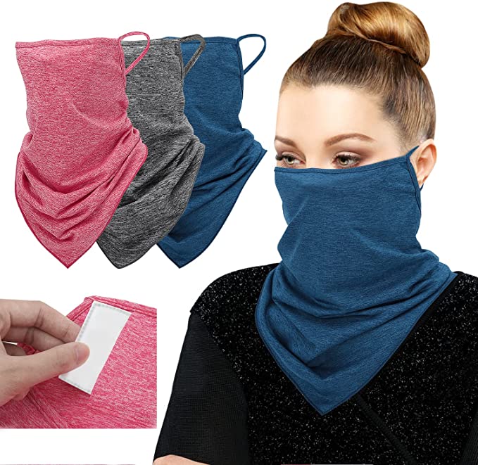 MoKo Scarf Mask Bandana with Ear Loops 3 Pack, Neck Gaiter Balaclava with Filter Pocket UV Sun Protection Face Mask for Dust Wind Motorcycle Cycle Bandana Headband for Women