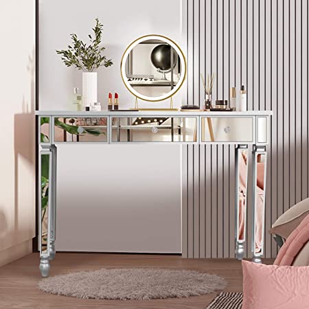 MTFY Mirrored Console Table,Mirrored Makeup Vanity Table Desk, 3 Drawer Media Console Table for Women Home Office Writing Desk Smooth Finish with Crystal-Style Knobs