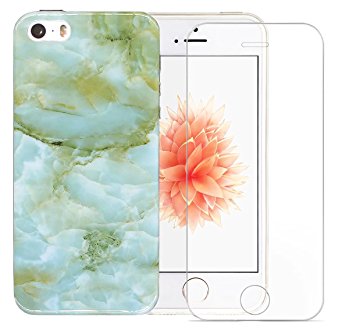 Iphone SE Case, Iphone 5s / 5 Case, A-Focus Marble Design Slim Fit Soft Flexible Soft TPU Cover Case   Tempered Glass Screen Protector for Iphone 5 / 5s / SE ( Green )