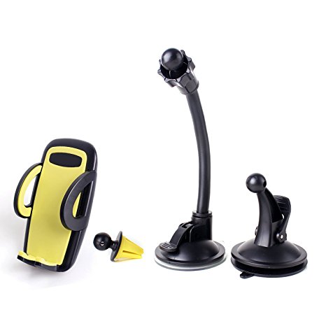 3-in-1 Mobile Phone Car Mount Holder Cradle, Universal Air Vent Dashboard Windshield Car Mount for iPhone Samsung Galaxy (Yellow)