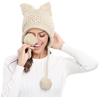 Bellady Winter Cute Cat Ears Knit Hat Ear Flap Crochet Beanie Hat