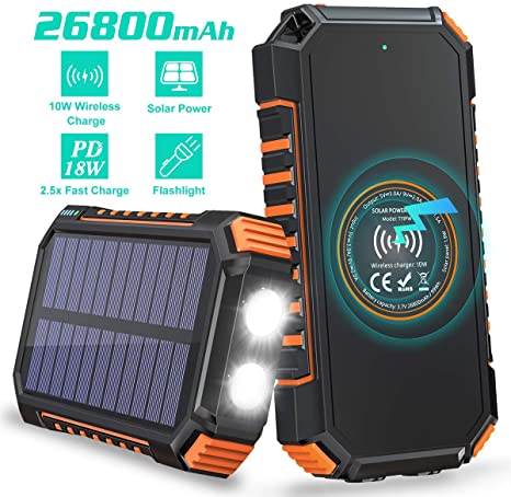 Solar Charger 26800mAh, Hiluckey 10W Wireless Power Bank 18W PD USB C Portable Charger with 4 Outputs and LED Flashlight for Camping Hiking Backpacking etc, Fast Recharged in 6 Hours