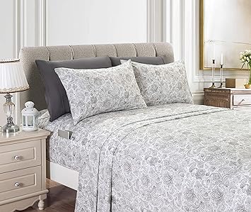 Elegant Comfort Amelia Paisley Printed 4-Piece Sheet Set, Deep Pocket 1500 Thread Count, Fade, Stain, and Wrinkle Resistant, Fitted Sheets with Smart Pockets, Paisley Sheet Set, Twin, Ash Gray