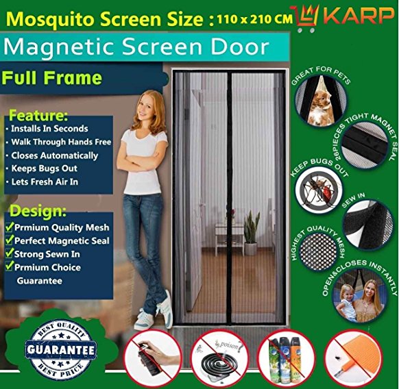 Mosquito Net - Mag netic Screen Door Full Frame Mesh Curtain With Hook and Loop Fastener Tape (110 Cm W X 210 Cm H) (Package Weight - 675 Grams) With Highest Weight In Quality On Amazon By KARP - Black Color