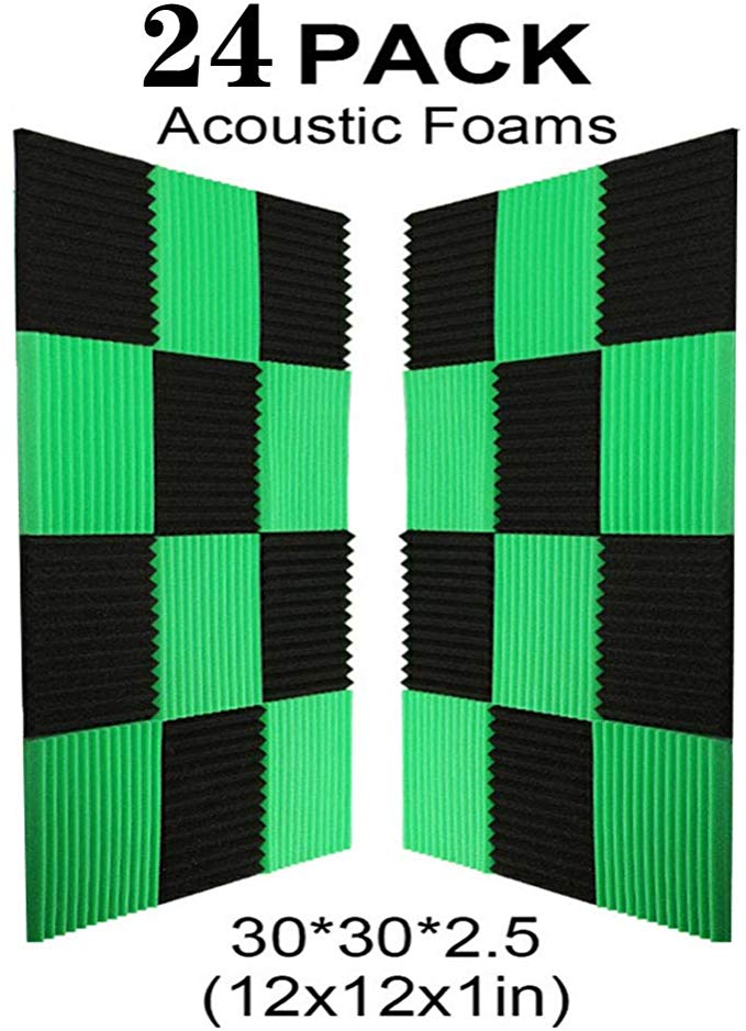 24 Pack- Black/Green Acoustic Panels Studio Foam Wedges 1" X 12" X 12" (24PCS, Black&Green)