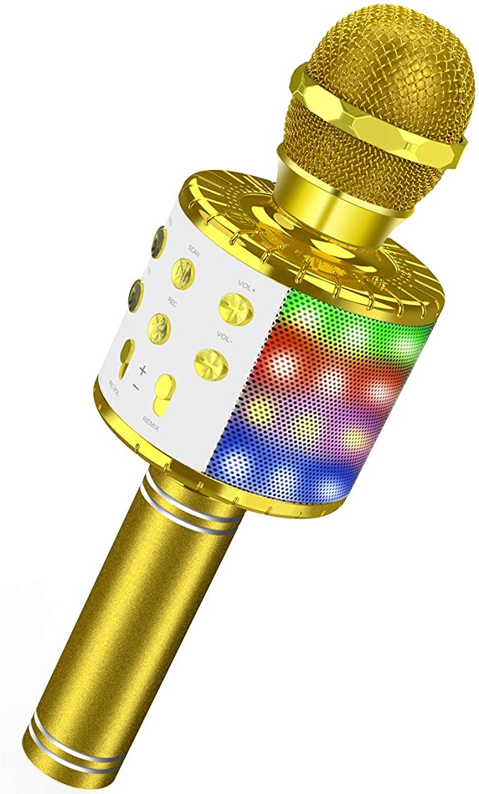 ATOPDREAM Toys for Kids Ages 5-7, Microphone for Kids Girls Wireless Bluetooth Microphone with Led Lights Kids Stocking Stuffers for Girls Boys (Gold)