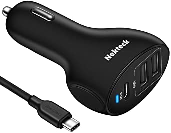 Nekteck USB Type C Car Charger with PD Power Delivery 18W and Dual USB A 12W(Total) Compatible with 2018 iPad Pro,Pixel 3/2 XL, Galaxy S9/ S9 / Note 9 More, USB C Cable 3.3ft Included