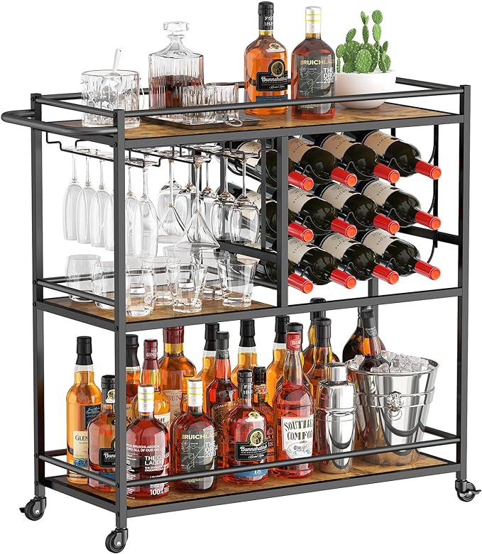 Lifewit Bar Cart for The Home, 3 Tier Drink Cart with Lockable Wheels, 12 Wine Rack and 3 Rows Glass Holders, Liquor Serving Cart for Kitchen Dining Livingroom, 31.6" x 13.1" x 33.9", Rustic Brown