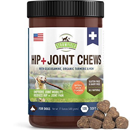 Glucosamine for Dogs Joint Supplement, Chondroitin, MSM, Turmeric -120 Gluten-Free Dog Treat Chews - Hip Joint Health Support for Canine Arthritis Pain Relief, Dysplasia, Mobility, Strawfield Pets USA