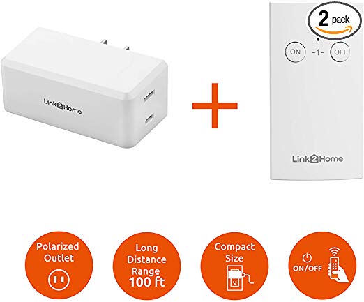 Link2Home Wireless Remote Control Outlet Light Switch, 100 ft range, Compact Side Plug. Switch ON/OFF Household Appliances. FCC CSA Certified, White (1 Outlet, 1 Remote).