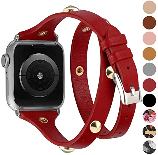 Moolia Leather Double Wrap Band Compatible for Apple Watch 42mm 44mm Iwatch Series 6 5 4 3 2 1,Slim Leather Double Tour Design Watch Bands Strap Compatible with Apple Watch SE,Red