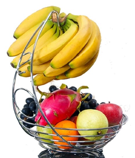 Fruit Basket With Banana Holder - Chrome Metal Wire Hanger - 14.76 inches tall
