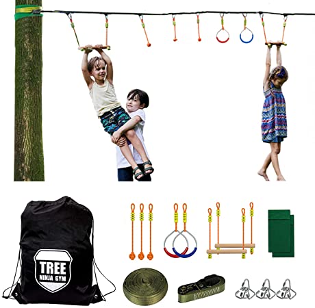 Ninja Slackline Monkey Bar Kit Outdoor Tree Hanging Obstacles Line Accessories Play Set for Kids