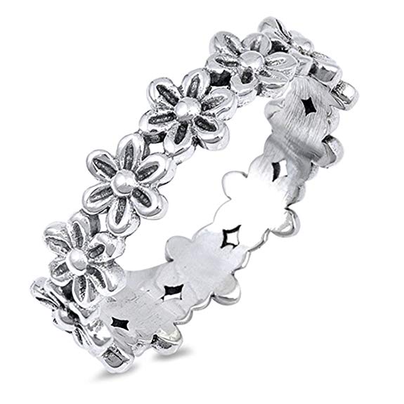 Plumeria Flower Eternity Promise Ring .925 Sterling Silver Daisy Band Sizes 4-10