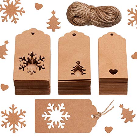Leinuosen 150 Pieces Christmas Gift Tags Kraft Gift Tags Snowflake, Heart and Christmas Trees Shapes with 20 Meters Twine for DIY Arts and Crafts, Christmas and Holiday (Brown)