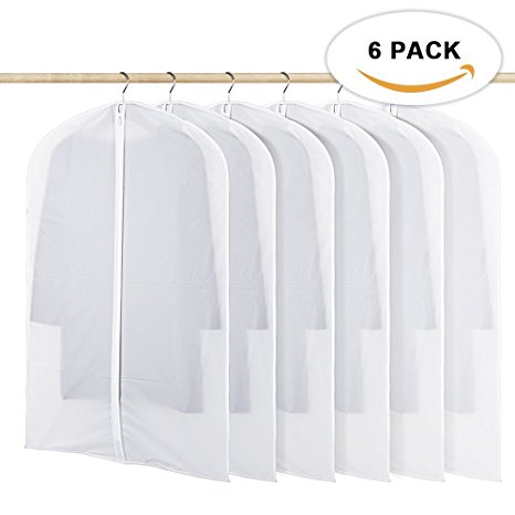 Hommini Pack of 6 PEVA Garment Bag,Full Clear Zipper Suit Bag,Storage or Travel Clothes Cover,Top Quality Dust Cover(47'' x 24'') (L)