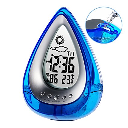 Alarm Clock Water Power Weather Station, Poscoverge Eco-Friendly Hydrodynamic Water Powered Digital Clock, Time Display and Temperature Measurement for Office Living Room Bedroom (Blue)