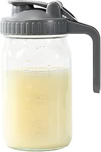 Breast Milk Pitcher, Glass Pitcher with Lid 32 oz, Heavy Duty Wide Mouth Jar with Flip Cap Lid and Pour Spout - Airtight Seal for Freshness and Convenience - Great for Cold Beverages