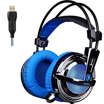 GW SADES AW30 Wired USB Stereo Gaming Headset Over-Ear Headphones with Mic Vibration Volume Control LED Lights Lightweight Design for PC Game(Black&Blue)