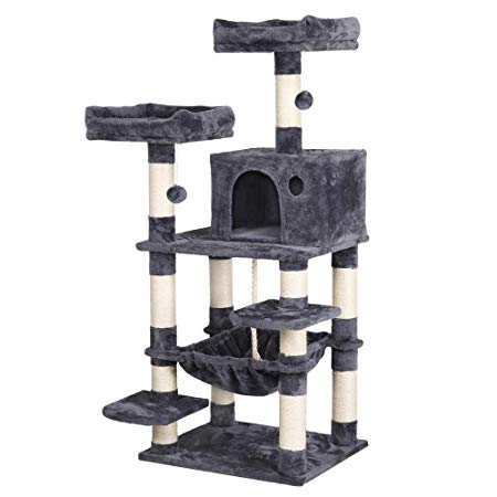 Yaheetech 58in Luxurious Multi-Level Cat Tree Condo, Stable Kitten Activity Tower Play House with Sisal-Covered Scratching Posts Perches Hammock and Funny Toys