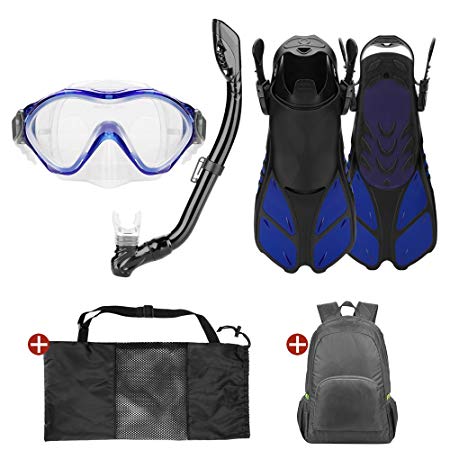 Odoland 5-in-1 Snorkel Set for Kids with Wide View Diving Mask, Dry Top Snorkel, Swim Fins, Carry Mesh Bag and Daily Backpack – Great Diving Gear for Boys and Girls