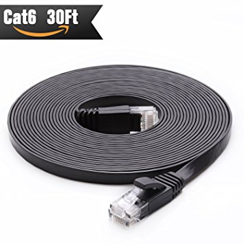 Cat 6 Ethernet Cable 30 ft (at Cat5e Price but Higher Bandwidth) Cat6 Internet Network Cable Flat - Ethernet Patch Cable - Computer Cable - Enjoy High Speed Surfing - Black