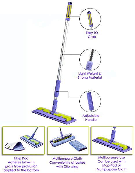 Nano-Knockout Floor Mop Telescopic Extension Pole - Ultra-Microfiber - Multi-Function – Light Weight - Strong Durable Aluminum Handle - Duo-Safety Locking Device