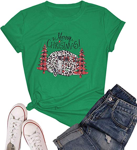 Eanklosco Merry Christmas T-Shirts Womens Letter Print Short Sleeve O-Neck Holiday Tops Tees