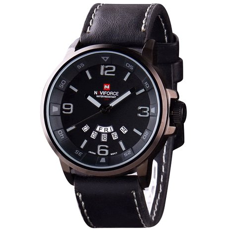 NAVIFORCE Men's Military Style Unique Calendar Display High-End Quartz Wrist Watch (Black + Grey Index)