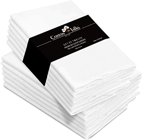 Cotton Talks Cloth Napkins Set of 12 Cotton - 20" X 20" Reusable Napkins - Oversized Cotton Napkins Made of Pure Cotton Fabric - Used as Dinner Napkins (White)